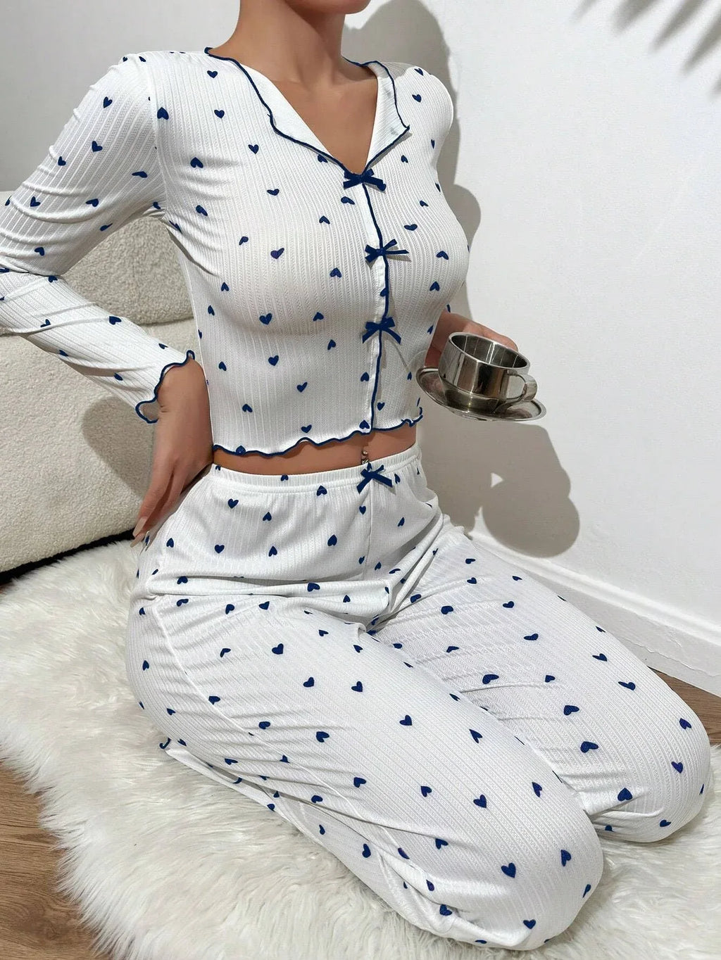 Ribbed Heart Print Pajama Set - View 20 | TEVQA