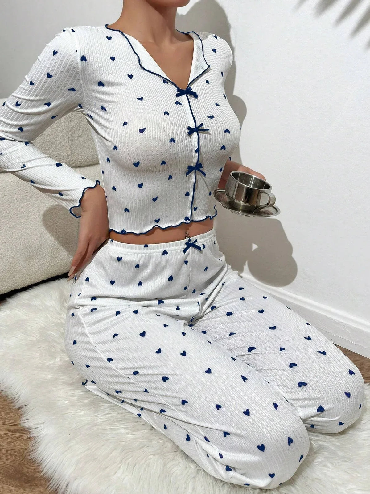 Ribbed Heart Print Pajama Set - View 20 | TEVQA