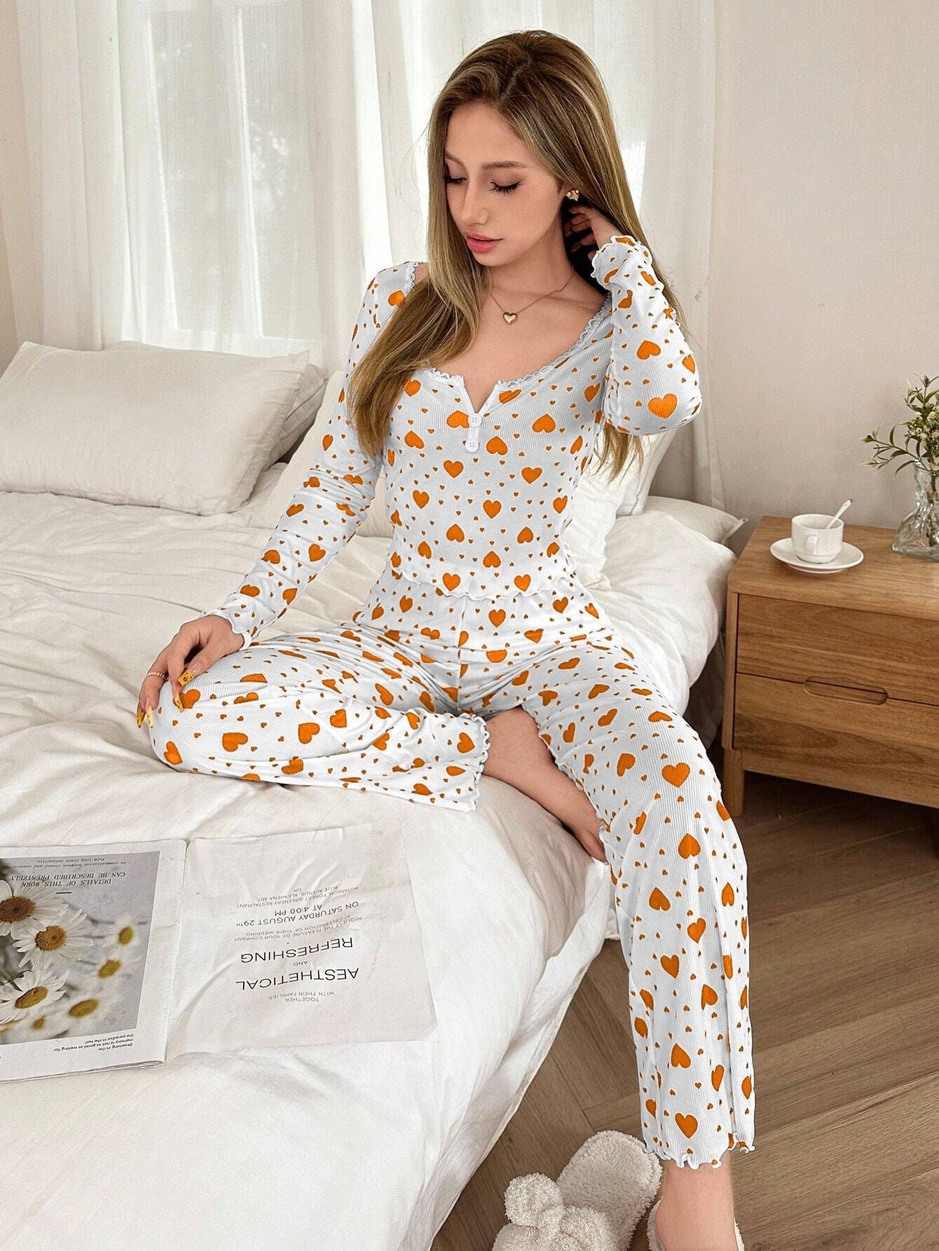 Pink Heart Print Ribbed Henley Pajama Set