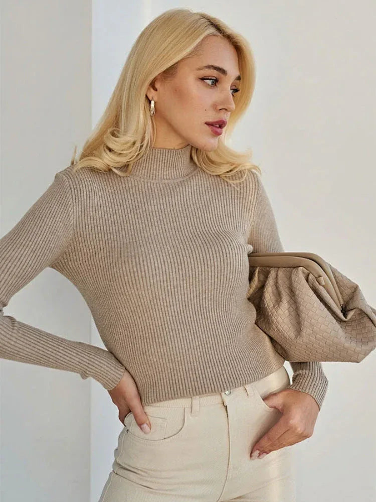 Essential Soft Ribbed Mock Neck Sweater - TEVQA