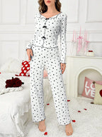 Ribbed Heart Print Pajama Set - View 11 | TEVQA