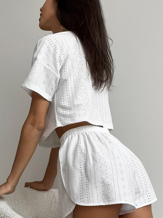 White Hollow Out Eyelet Lounge Set