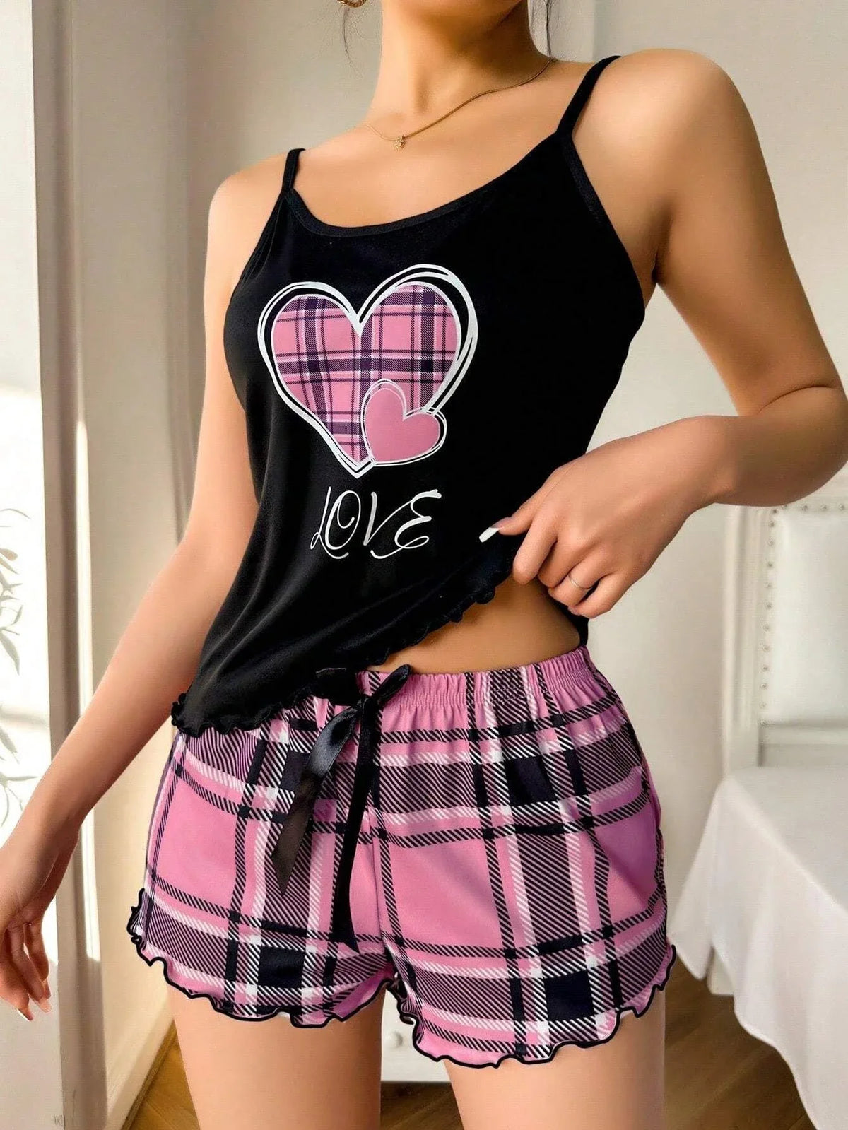 Plaid Heart Print Cami & Shorts Set - View 7 | TEVQA