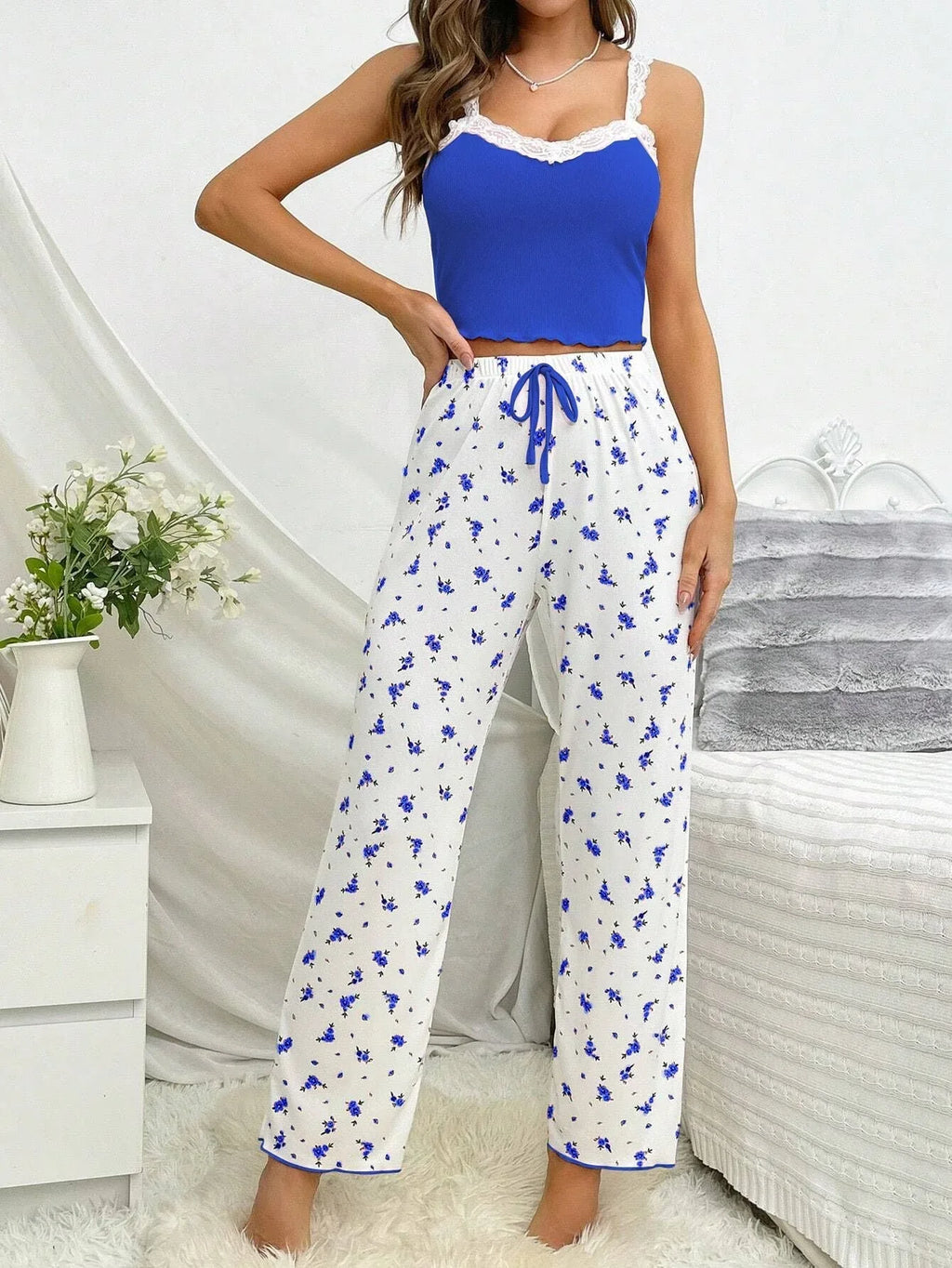 Ribbed Cami & Floral Wide Leg Pajama Set - View 17 | TEVQA