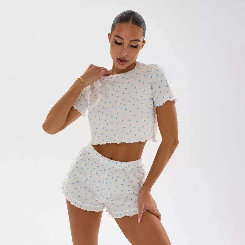 Ditsy Heart Print Ribbed Tee & Shorts Set - View 30 | TEVQA