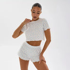 Ditsy Heart Print Ribbed Tee & Shorts Set - View 30 | TEVQA