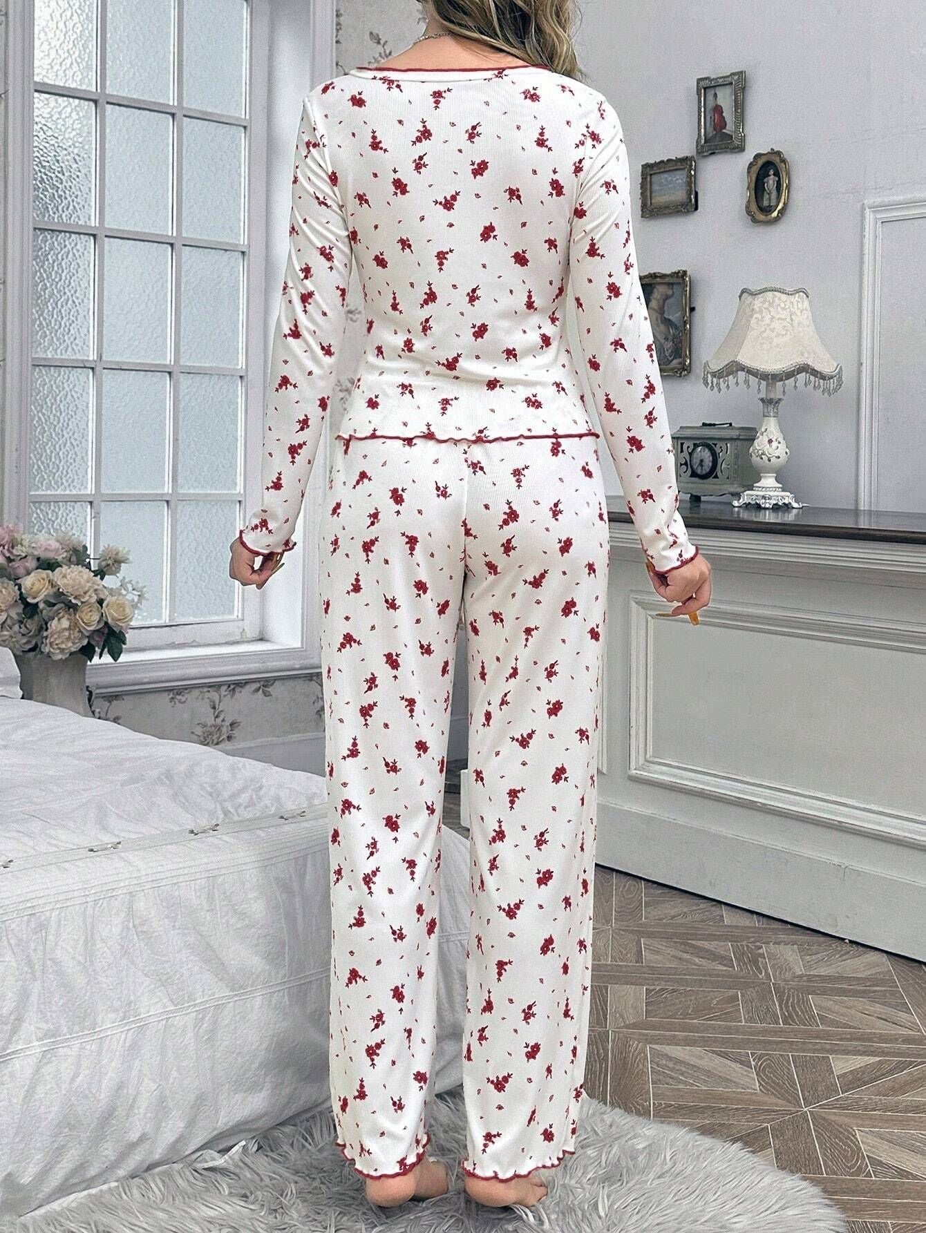 Coquette Ditsy Floral Ribbed Knit Pajama Set
