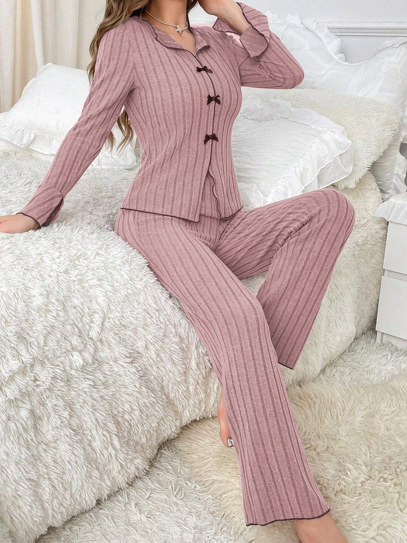 Coquette Contrast Trim Ribbed Pajama Set