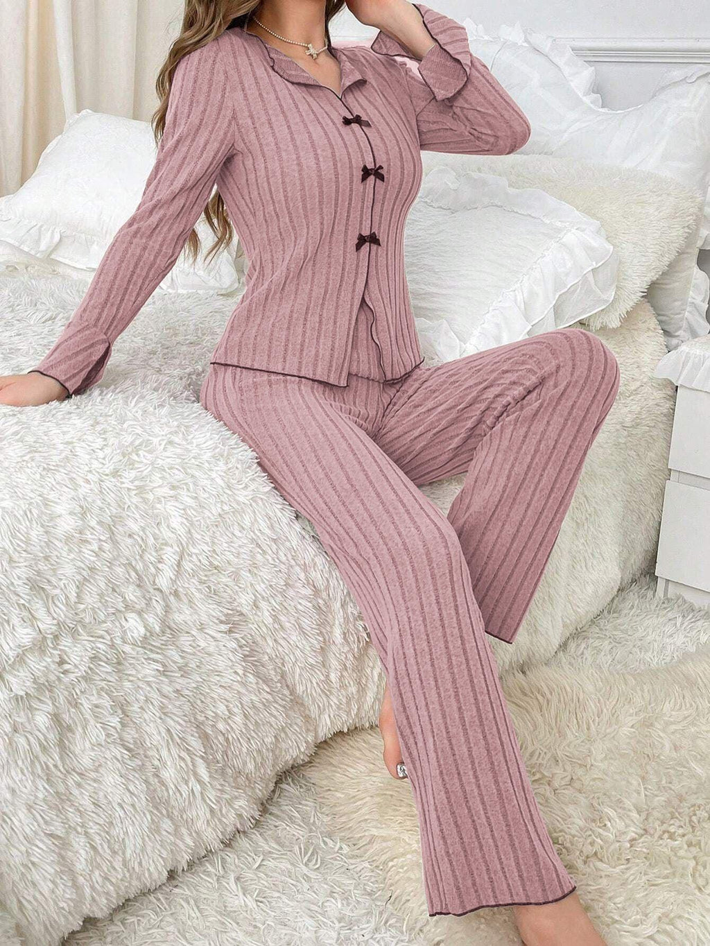 Ribbed pajama set with contrast trim and bow details - View 24 | TEVQA