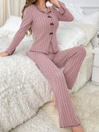 Ribbed pajama set with contrast trim and bow details - View 24 | TEVQA
