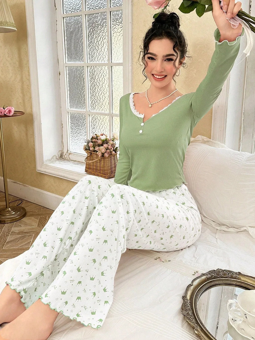 Ribbed knit pajama set with lace trim henley top and crown print bottoms - View 27 | TEVQA