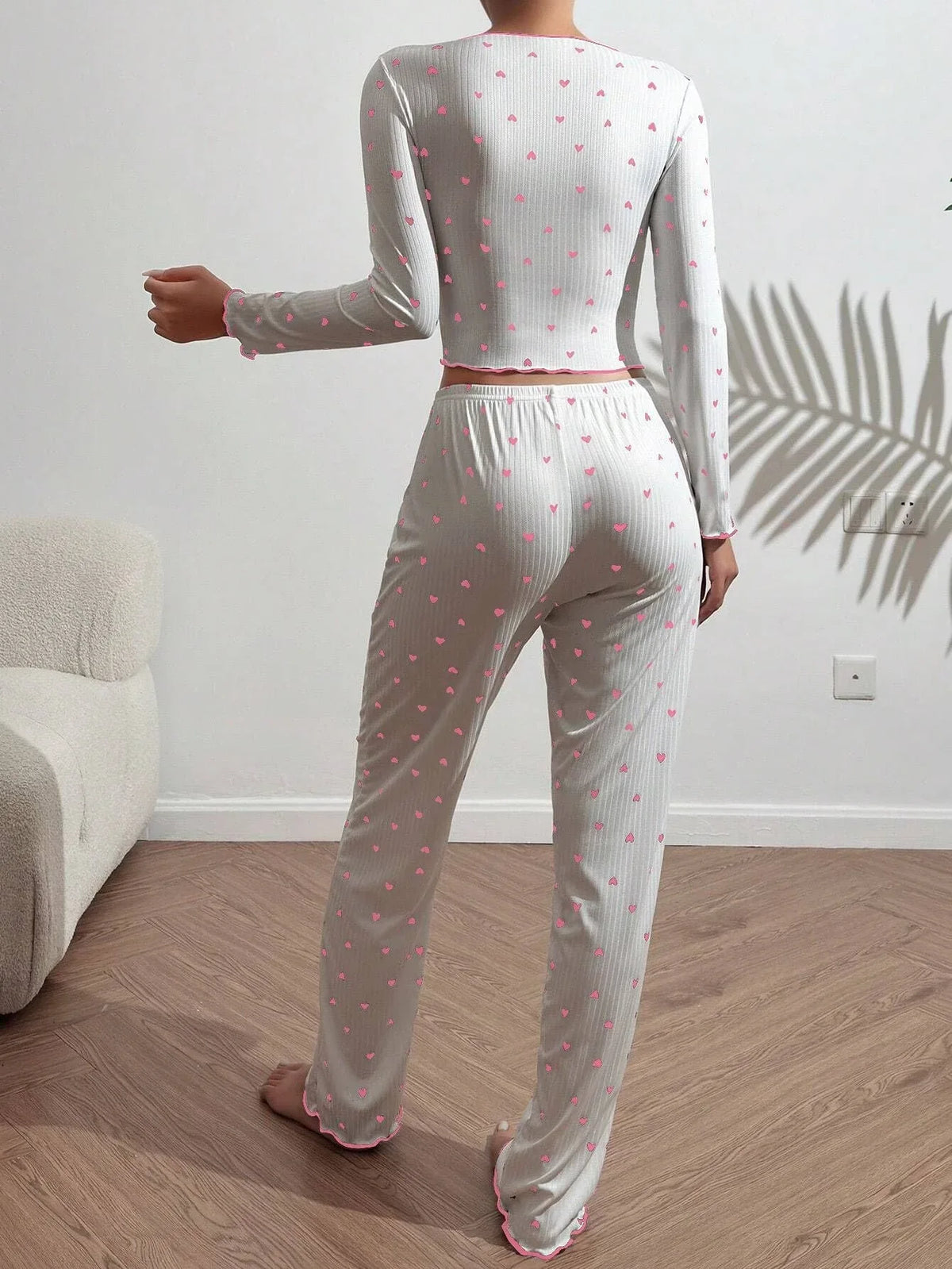 Ribbed Heart Print Pajama Set - View 8 | TEVQA