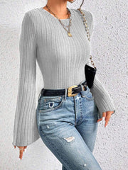 Vintage Inspired Ribbed Bell Sleeve Top - TEVQA