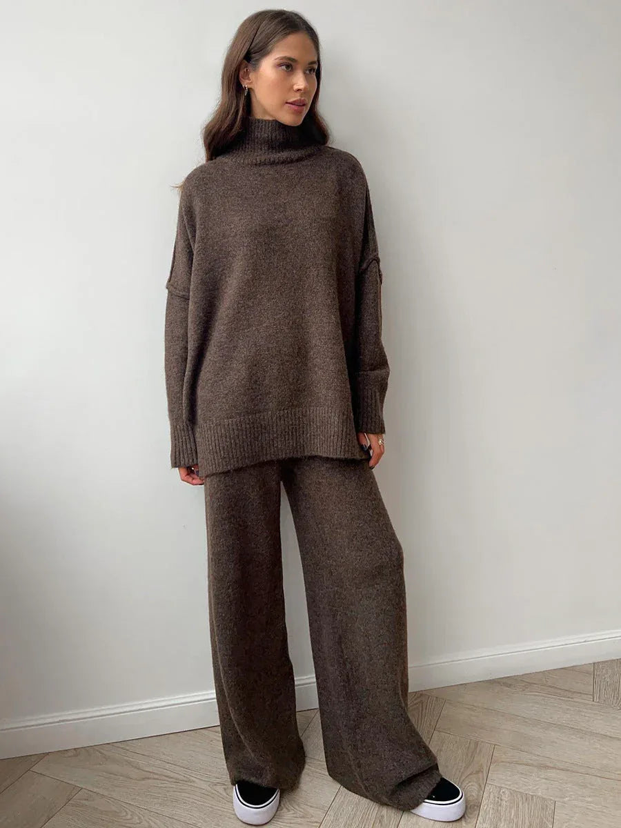 Turtleneck & Wide Leg Knit Two-Piece Set - TEVQA