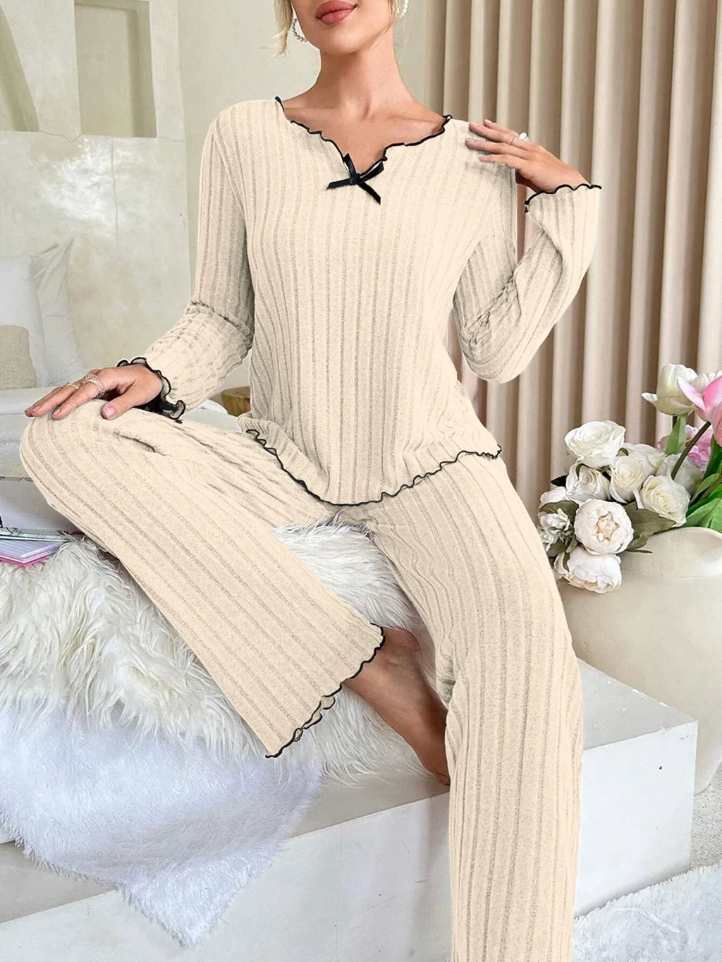Ribbed Pajama Set with Contrast Trim - View 29 | TEVQA