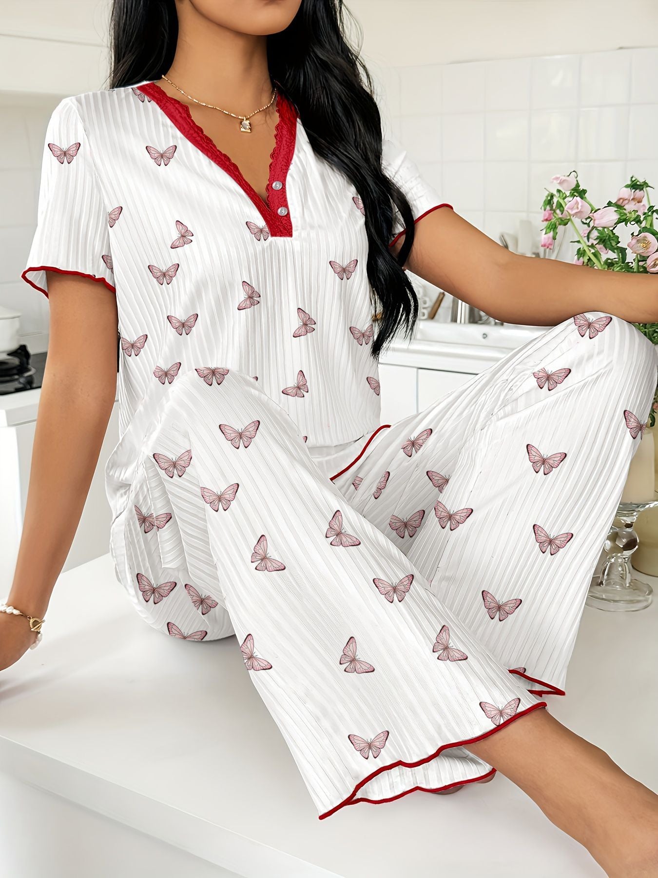 Heart Print Ribbed Lounge Set