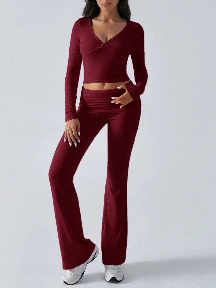V-Neck Crop Top and Fold-Over Flare Pants Set - View 7 | TEVQA
