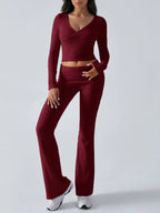 V-Neck Crop Top and Fold-Over Flare Pants Set - View 7 | TEVQA