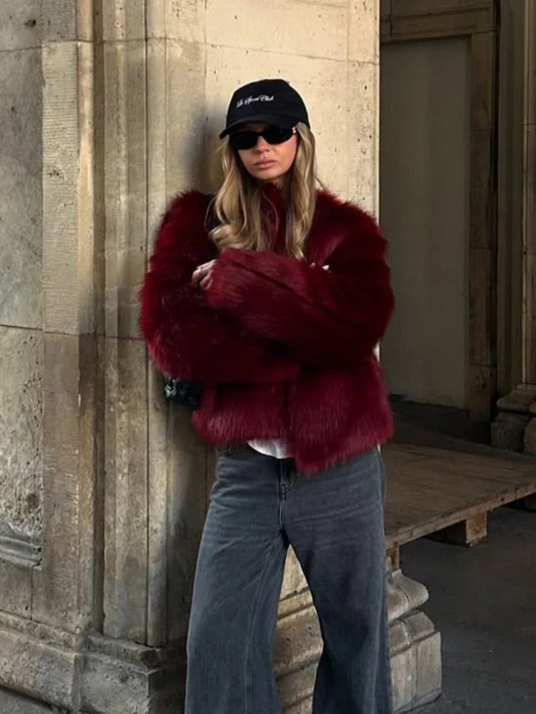 Shaggy faux fur cropped jacket with collarless neckline - View 6 | TEVQA