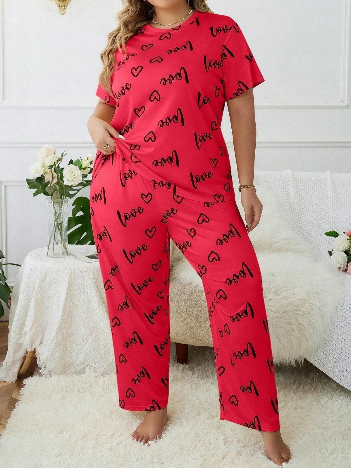 Plus Size "Love" Script Pajama Set - View 8 | TEVQA