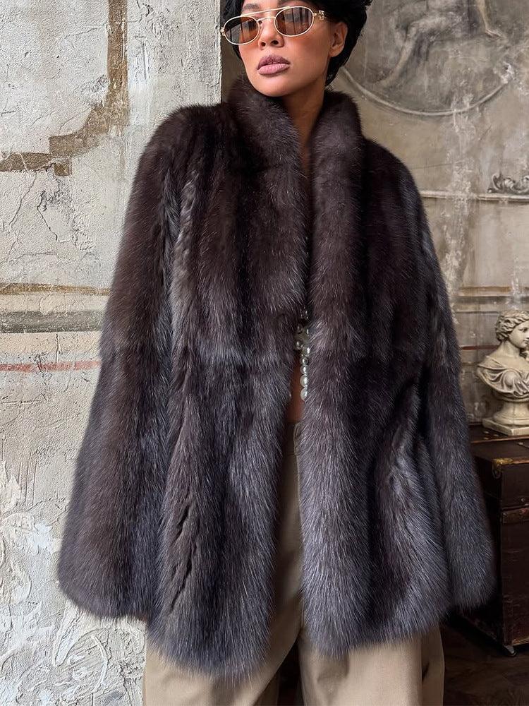 Sophisticated Deep Charcoal Plush Faux Fur Coat - TEVQA