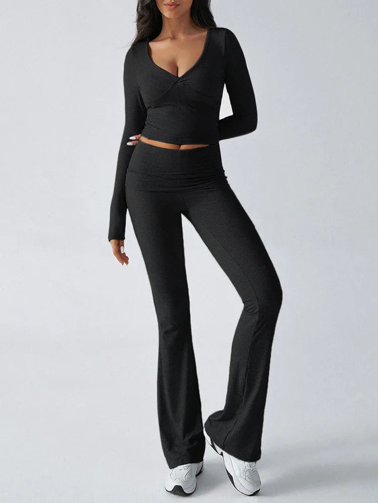 V-Neck Crop Top and Fold-Over Flare Pants Set - View 38 | TEVQA