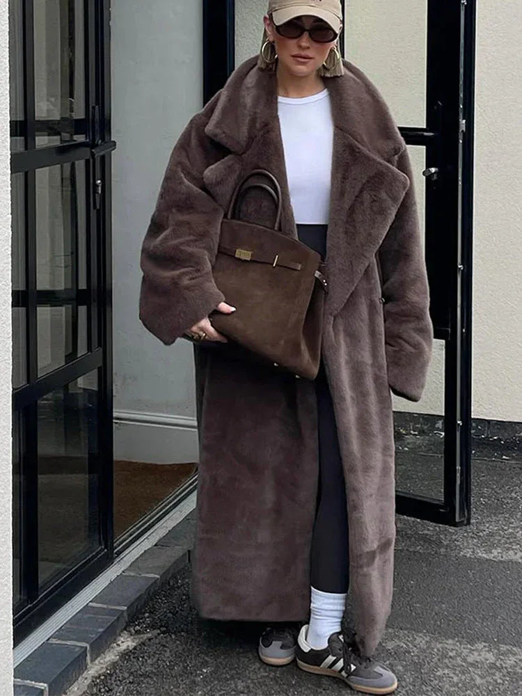 Luxurious Chocolate Brown Plush Faux Fur Maxi Coat - View 8 | TEVQA