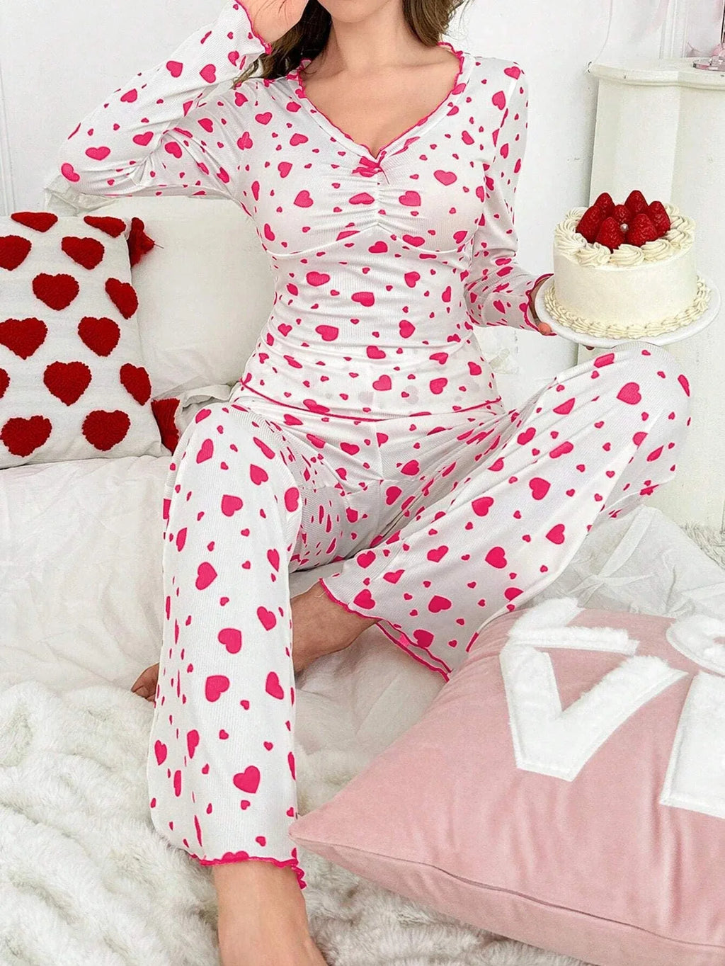 Ribbed Heart Print Pajama Set - View 6 | TEVQA