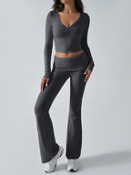 V-Neck Crop Top and Fold-Over Flare Pants Set - View 29 | TEVQA