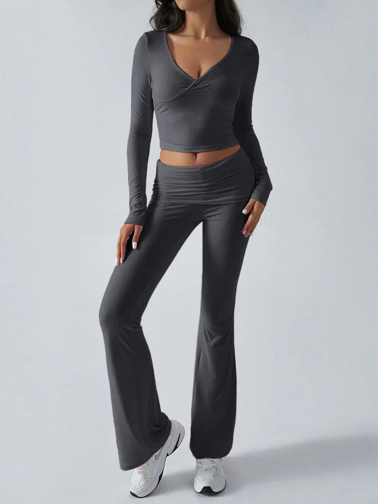 V-Neck Crop Top and Fold-Over Flare Pants Set - View 29 | TEVQA