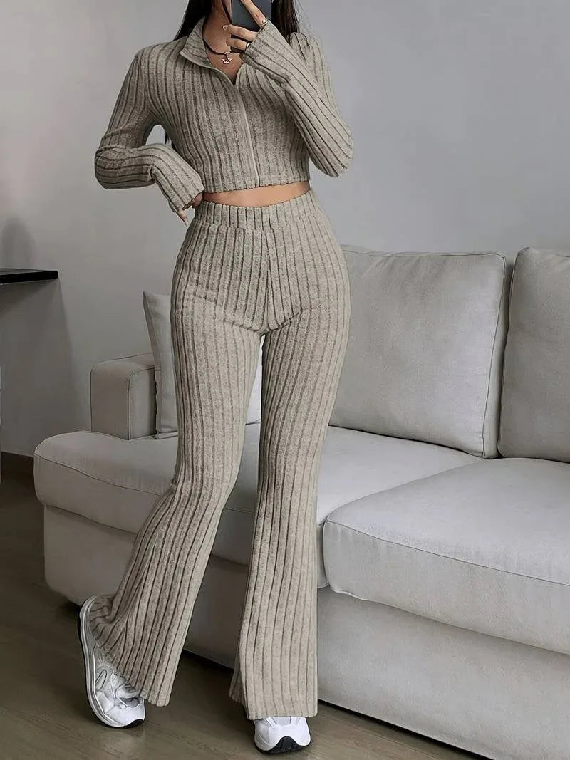 Vintage Moss Ribbed Knit Two-Piece Set - TEVQA