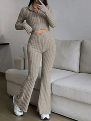 Vintage Moss Ribbed Knit Two-Piece Set - TEVQA