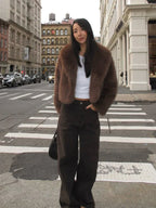 Plush faux fur cropped jacket with oversized lapels - View 6 | TEVQA