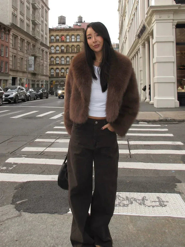 Plush faux fur cropped jacket with oversized lapels - View 6 | TEVQA