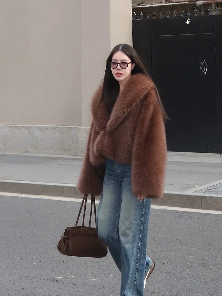 Plush faux fur cropped jacket with oversized lapels - View 8 | TEVQA