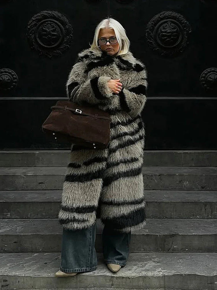 Vintage Zebra Stripe Faux Fur Long Coat - TEVQA