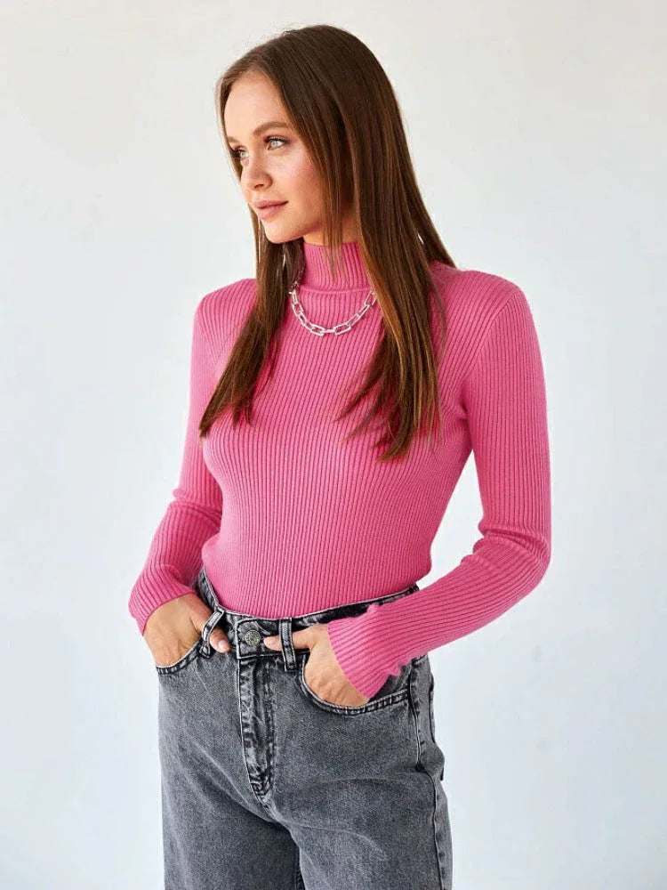 Essential Soft Ribbed Mock Neck Sweater - TEVQA