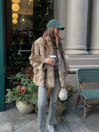 Vintage Natural Stripe Faux Fur Jacket - TEVQA