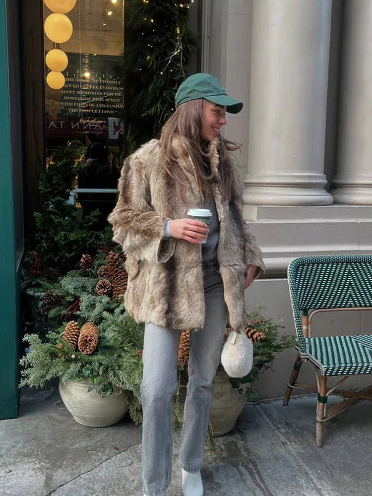 Vintage Natural Stripe Faux Fur Jacket - TEVQA