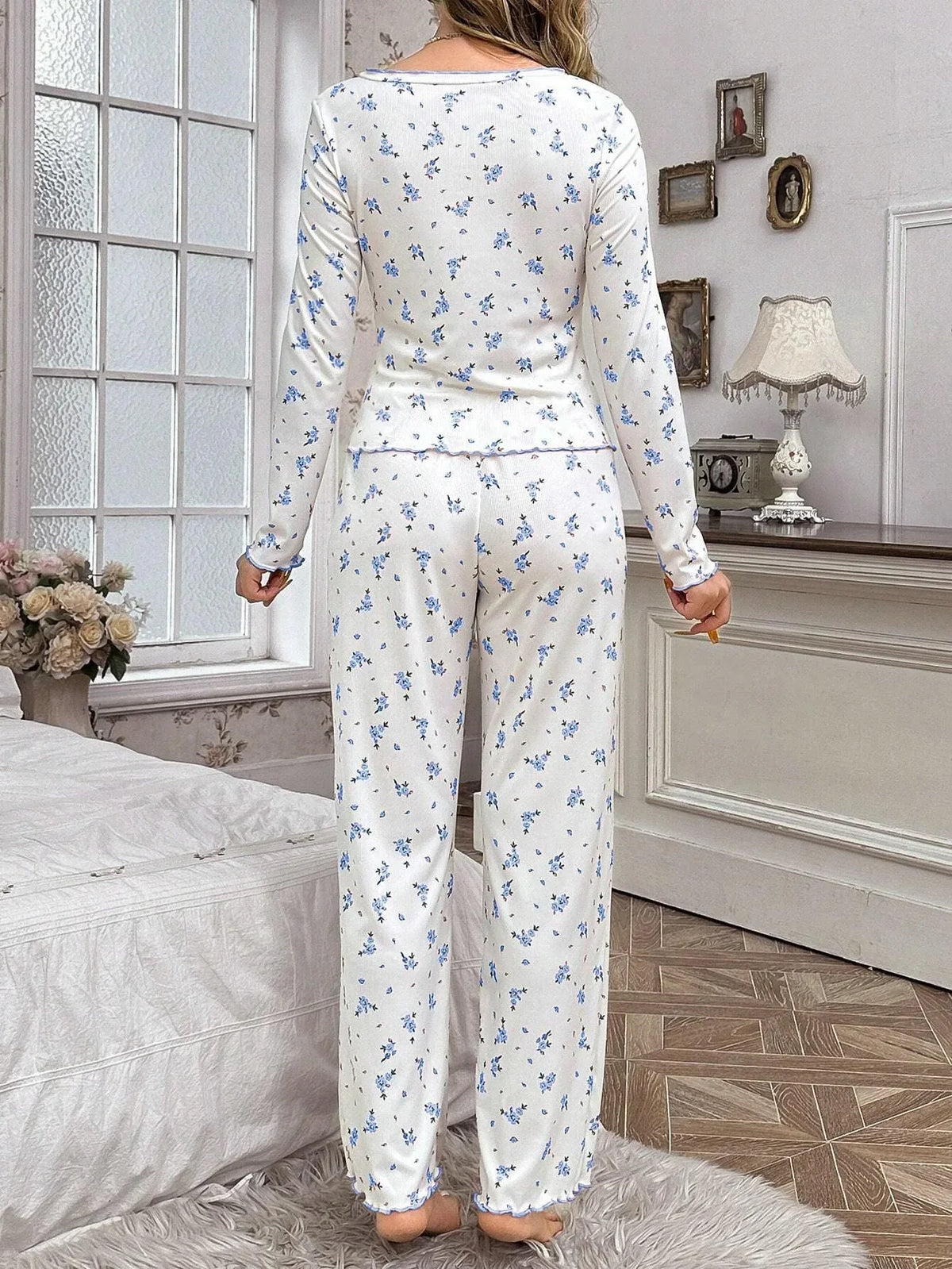 Ribbed Knit Floral Pajama Set - View 26 | TEVQA