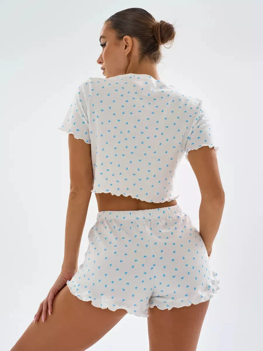 Ditsy Heart Print Ribbed Tee & Shorts Set - View 24 | TEVQA