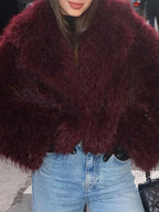 Vamp Burgundy Shaggy Faux Fur Cropped Jacket - TEVQA