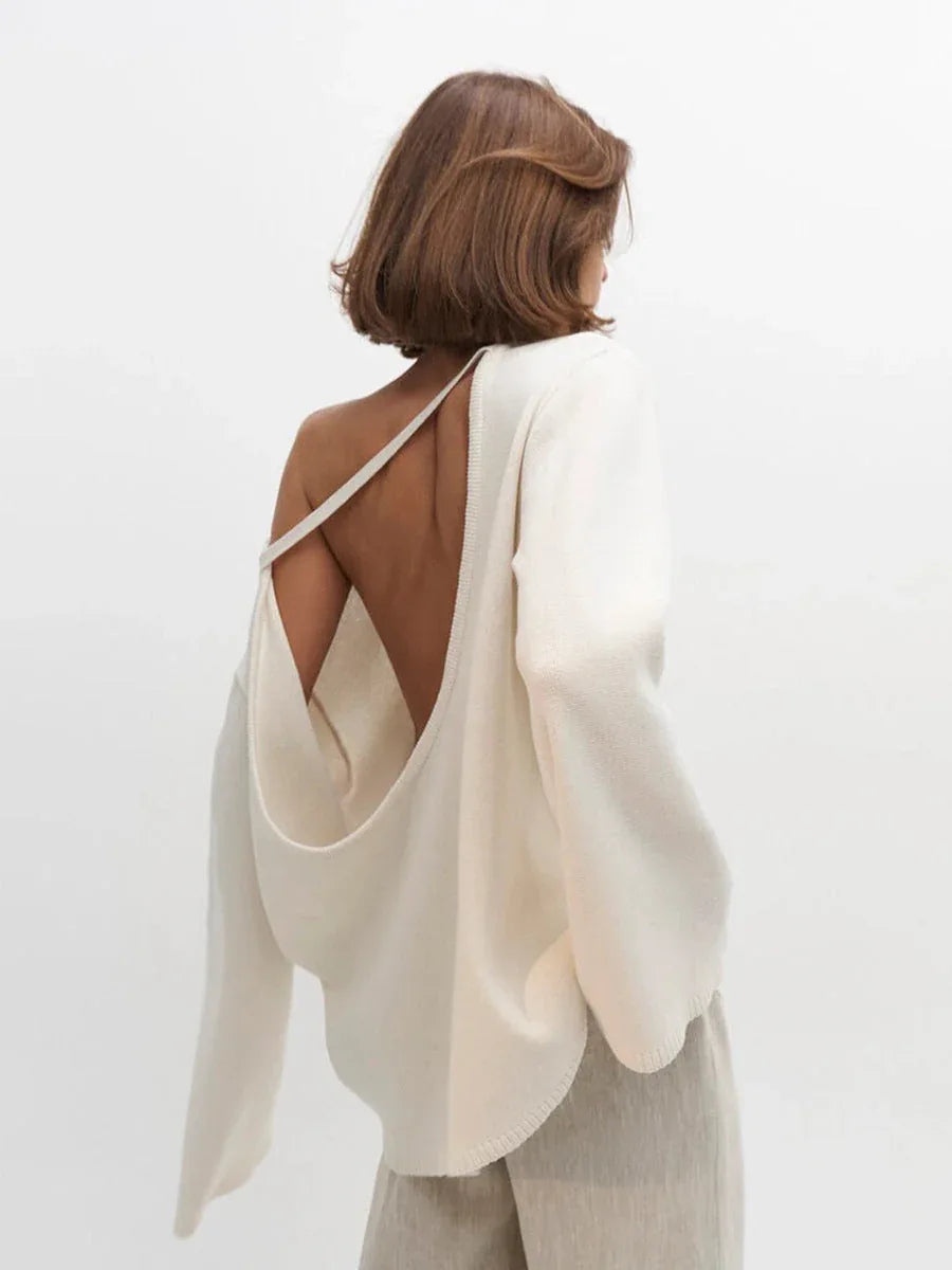 Heavyweight cotton knit sweater with open back detail - View 6 | TEVQA