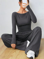 Women's Boat Neck Wide Leg Two-Piece Set - View 7 | TEVQA