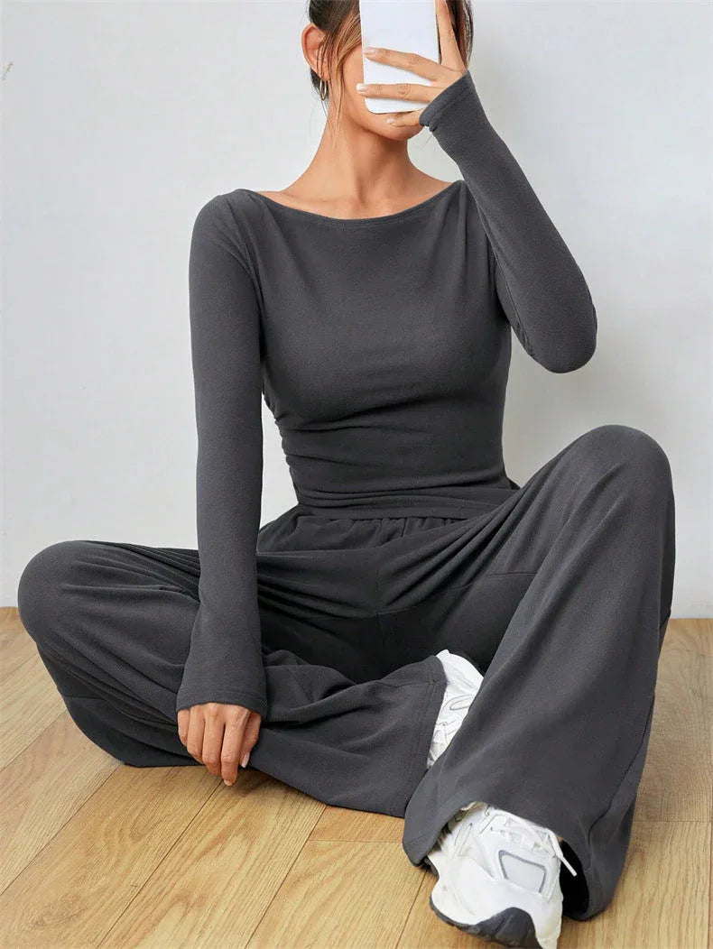 Women's Boat Neck Wide Leg Two-Piece Set - View 7 | TEVQA