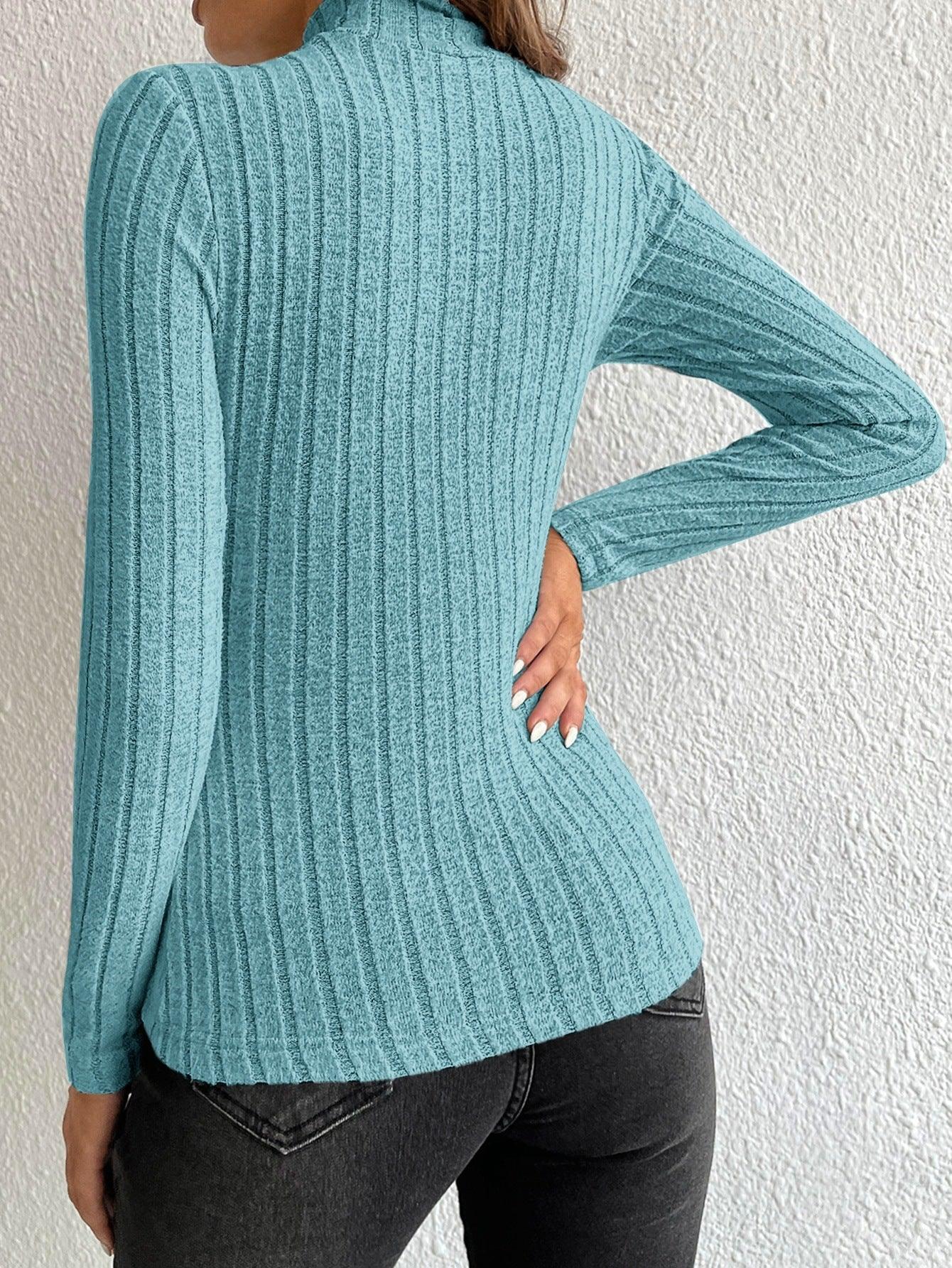 Slate Blue Ribbed Mock Neck Knit Top - View 6 | TEVQA