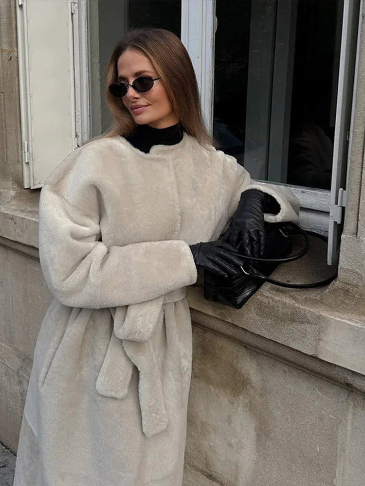 Majestic Cream Belted Faux Fur Long Coat - TEVQA