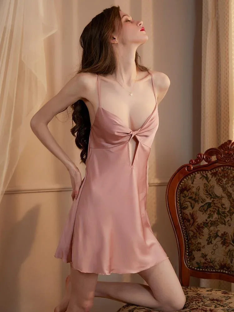 Cutout Twist-Front Satin Slip Dress & Robe Set - TEVQA