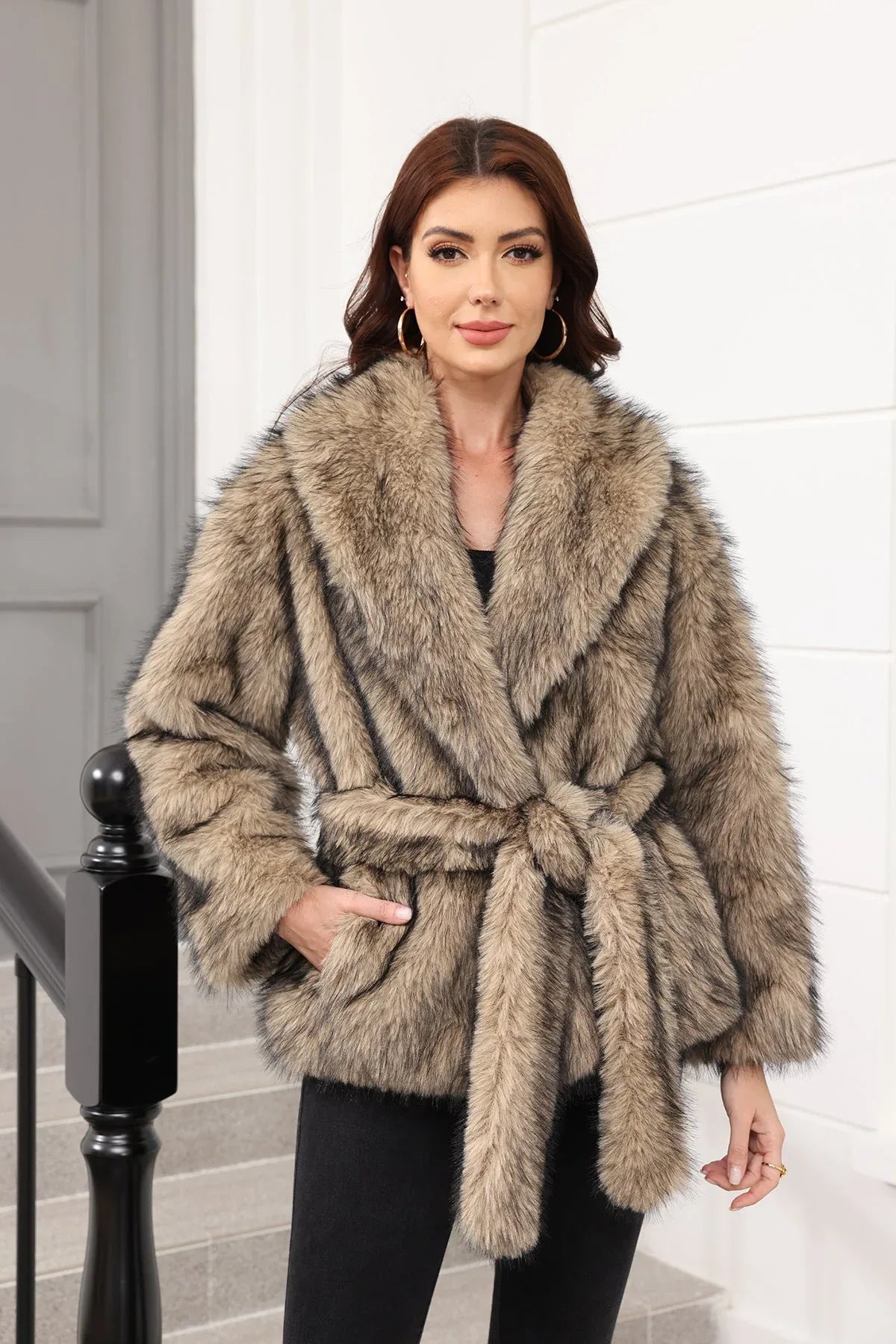 Luxe Grey Belted Faux Fur Coat - View 13 | TEVQA