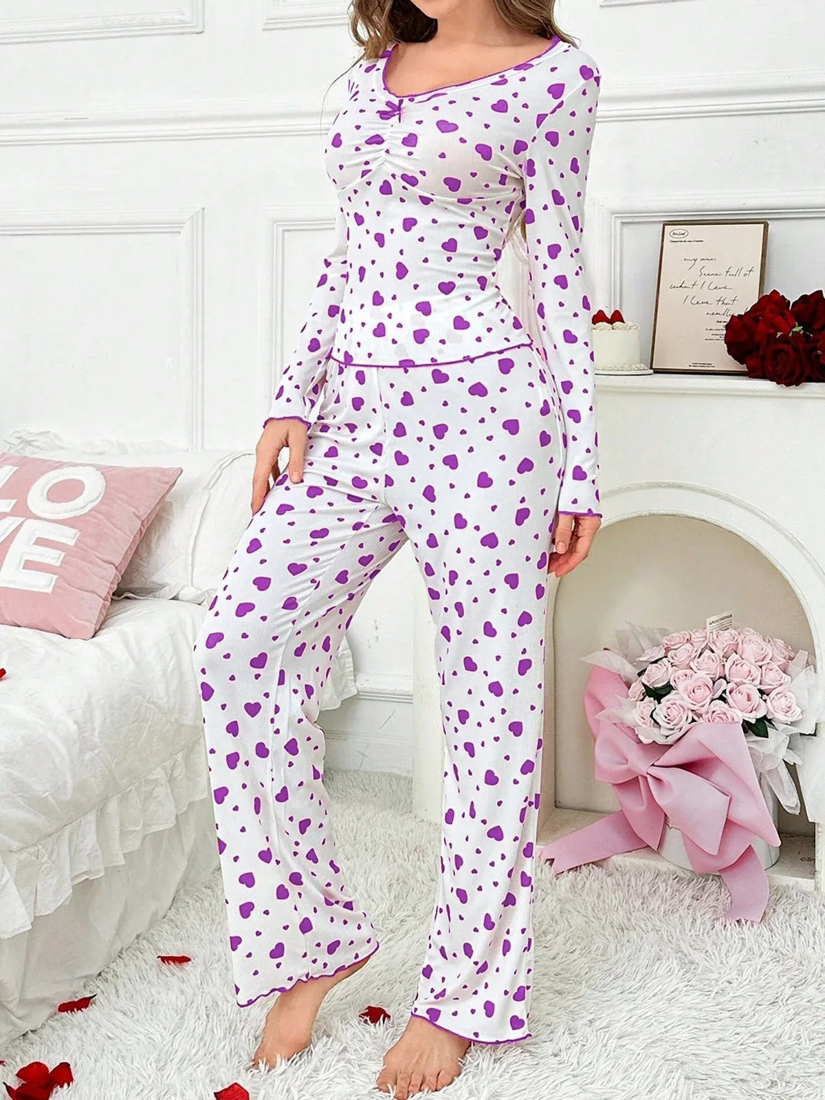 Ribbed Heart Print Pajama Set - View 33 | TEVQA